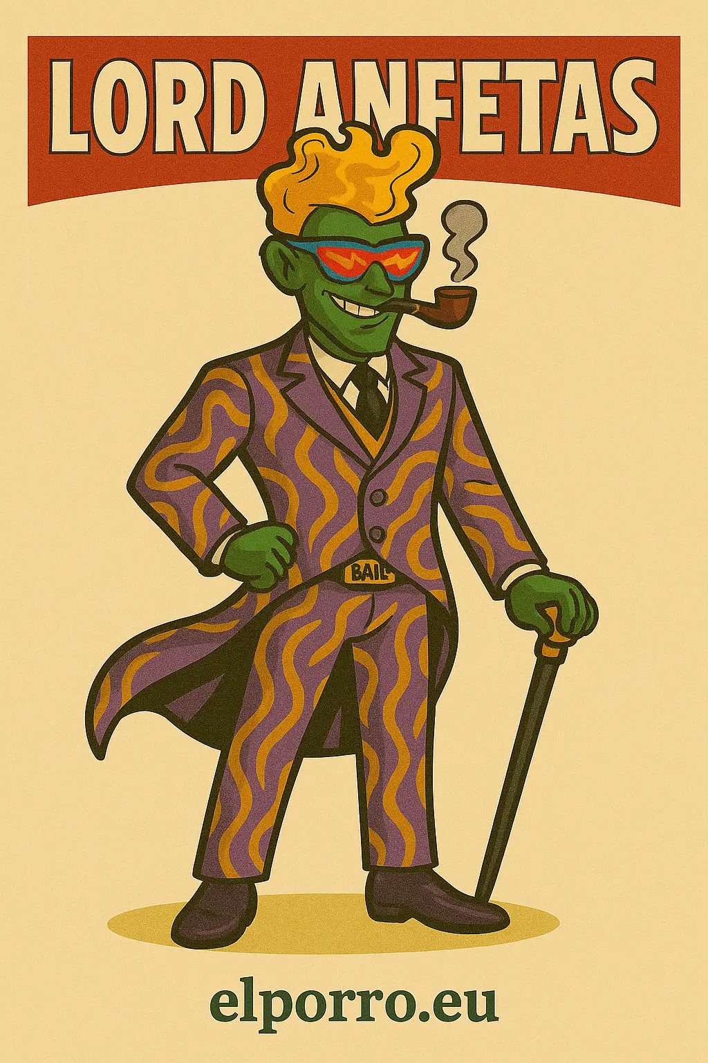 Lord Anfetas v2.0 - El Duque de la hipervelocidad, con traje violeta y mostaza, bastón elegante, pipa humeante y gafas de rave brasileñas.