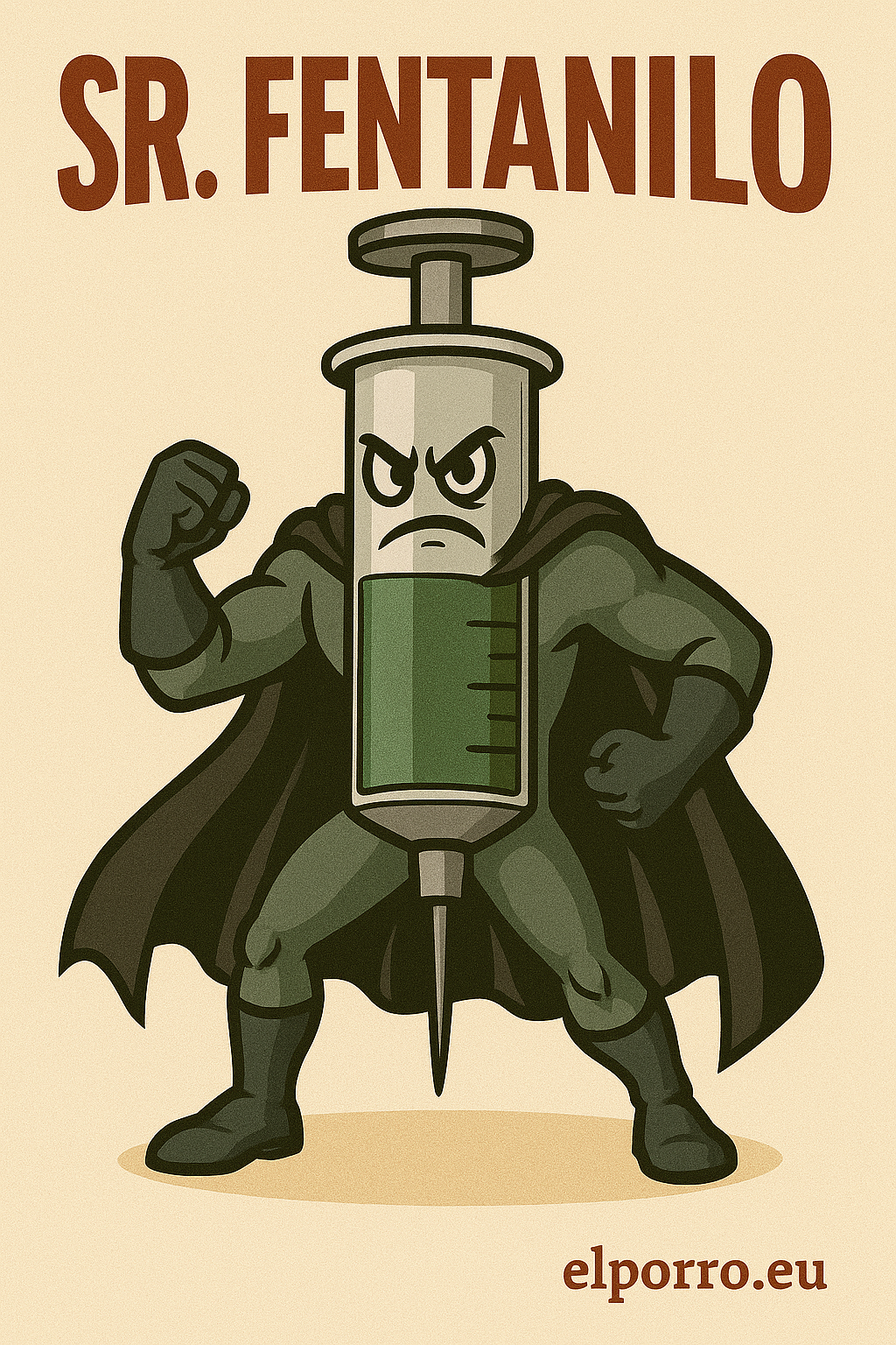 Sr. Fentanilo, villano farmacéutico con traje y jeringas